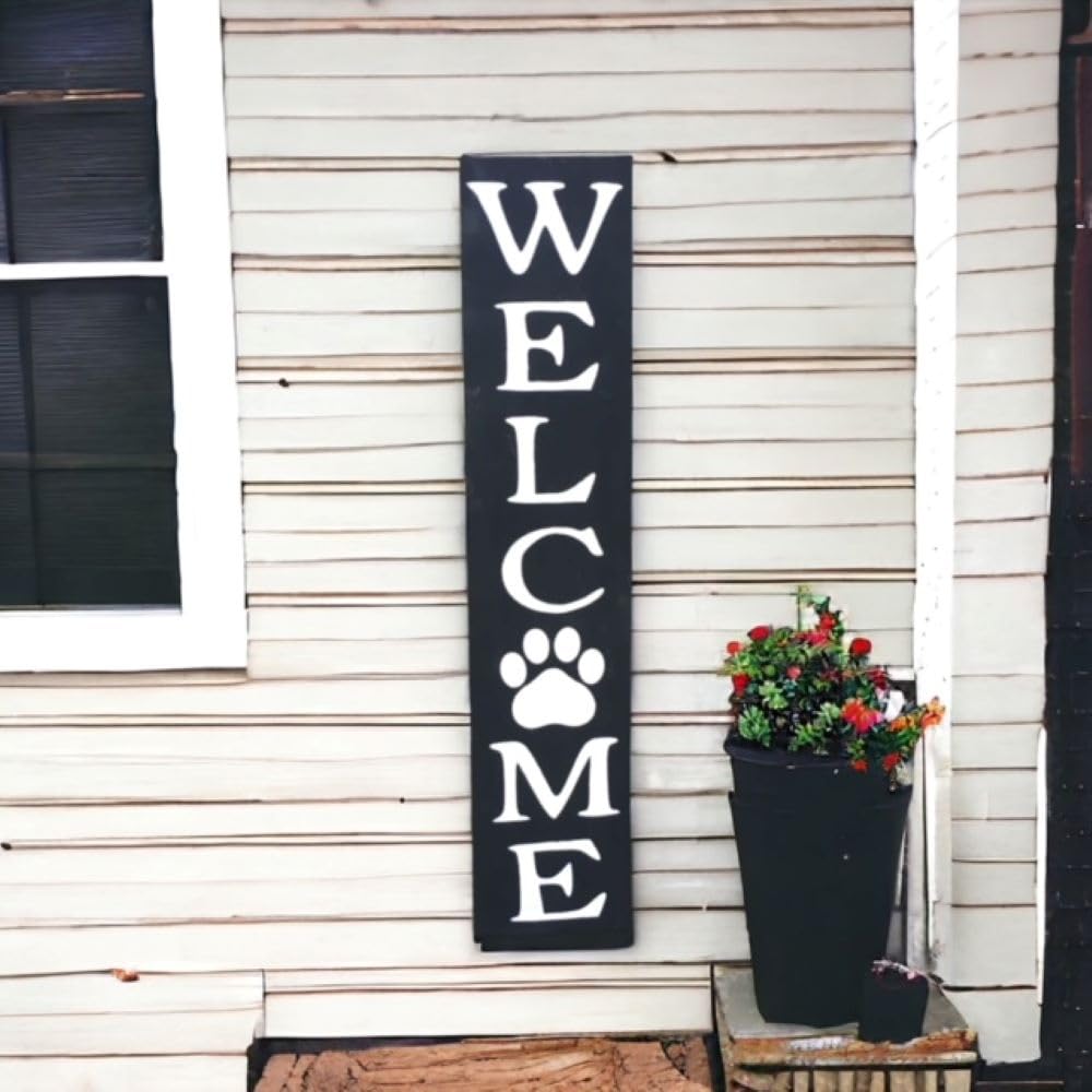 Paw Print Vertical Welcome Sign - Wooden with Hanger, 9" x 42"