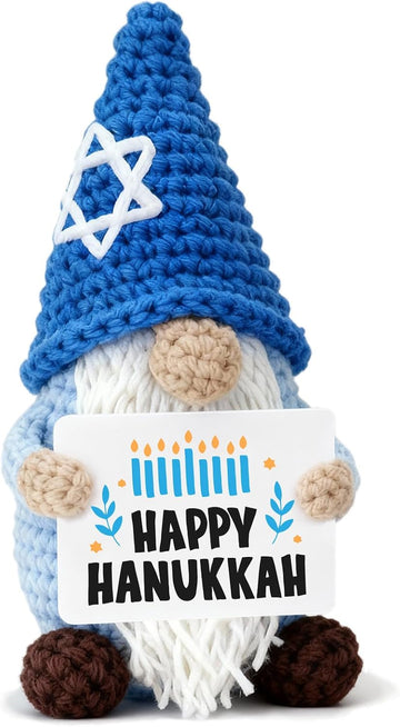 Hanukkah Gnome Crochet Plush, Handmade Blue Gnome with Star David Hat & Happy Hanukkah Candle Card, Mini Amigurumi