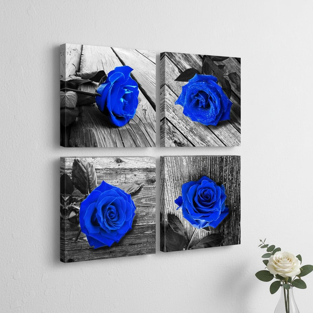 4-Piece Royal Blue Rose Pictures Wall Decor, Canvas Art 12x12in