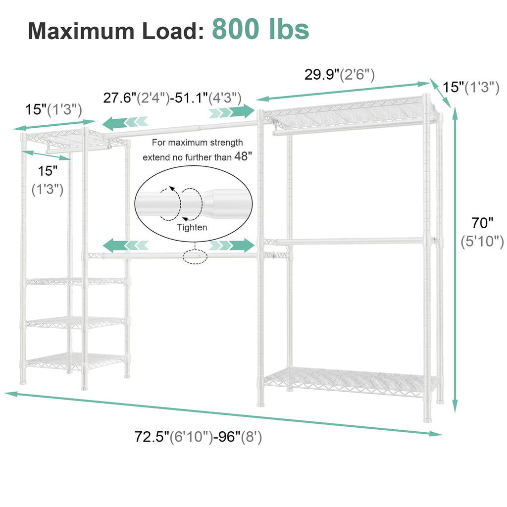 E01 Expandable Heavy Duty Clothes Rack, Free Standing Closet System