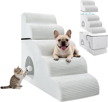 Dog Stairs for High Beds Up to 30" H with Tunnel, Extra Height 27.5" 5-Step Pet Steps for Small Dogs and Cats