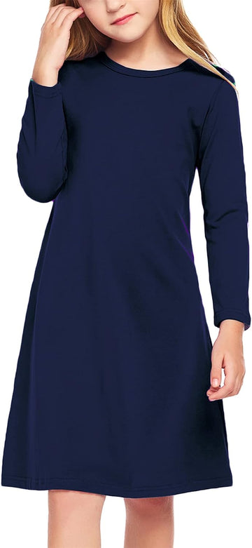 Girls Dress Kids Long Sleeve Solid Color Casual T-Shirt Dress