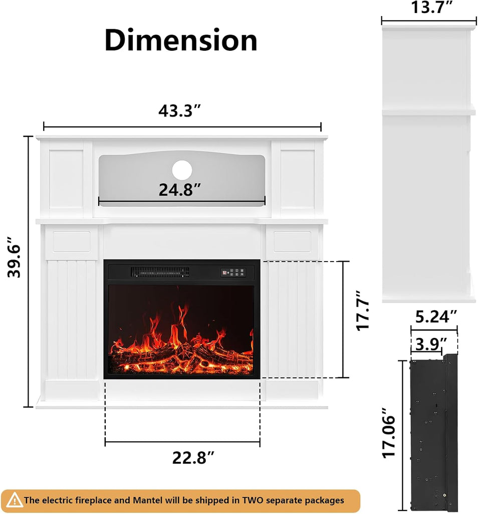 43" Electric Fireplace with Mantel, Freestanding Electric Fireplace Heater TV Stand with 23" Insert, Fire Place