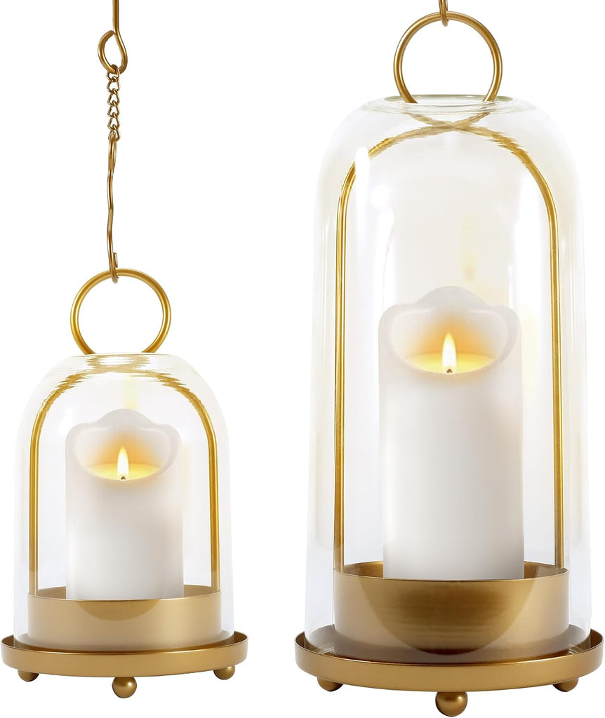 Hurricane Glass Candle Holders, Large & Medium Brass Lanterns Hurricane Candlestick Holder for Pillar Candles