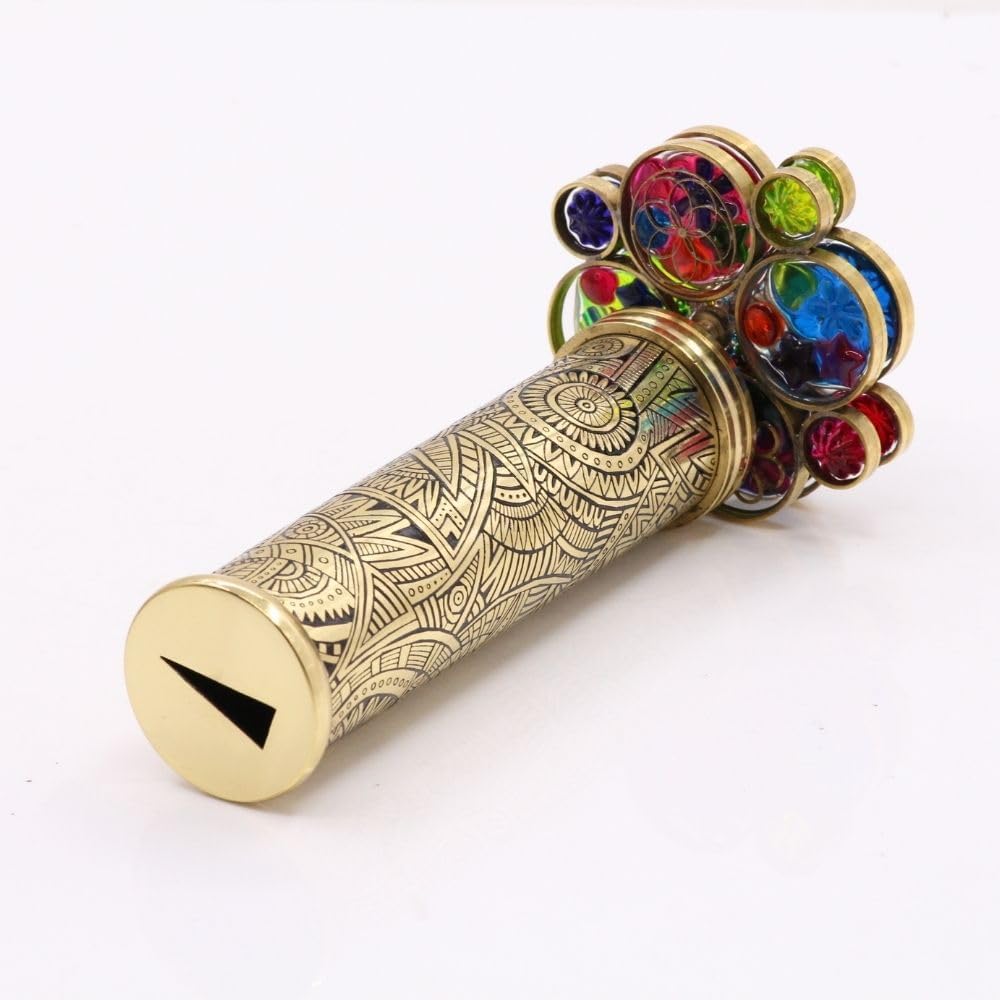 Handmade Tribal Brass Kaleidoscope with Etched Design, Dual Resin Bead Wheels, Three-Mirror System, Lacquer Finish