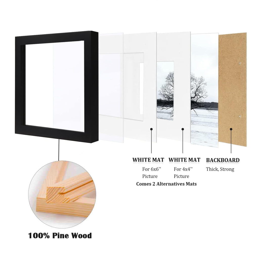 8x8 Picture Frames 4 PCS, Solid Wood frame Fits 4x4/6x6 with Mat or 8x8 Without Photo Frame Covered by Plexiglass, for