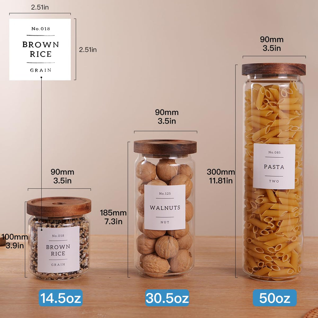 5 Set Glass Pantry Storage Jars with Acacia Airtight Lid - Thicken Glass Kitchen Canisters with 132 Pantry Labels