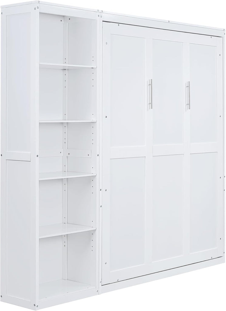 Space-Saving White Murphy Bed Queen with Adjustable Storage Shelves, Multifunctional Foldable Wall Bed for Small