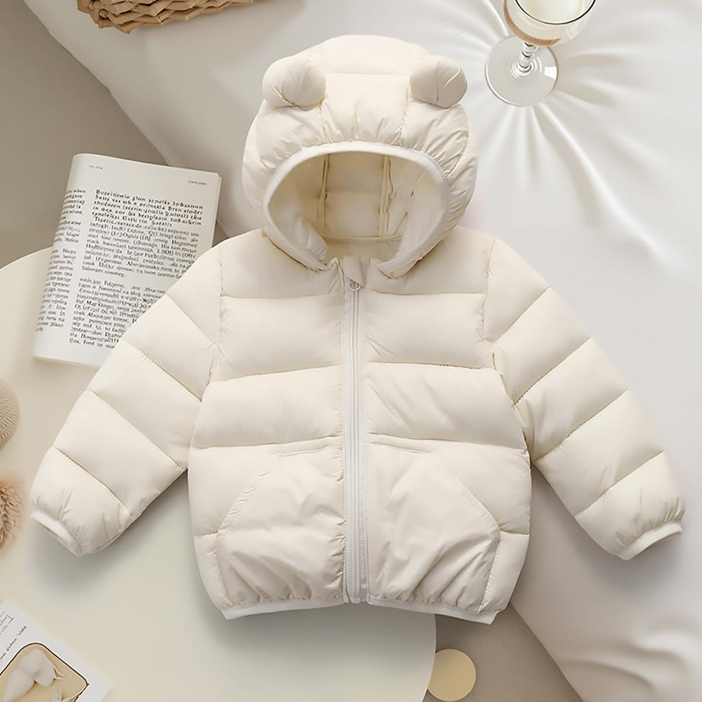 Baby Hooded Down Jacket Boys Girls Light Puffer Winter Coats Toddler Bear Ears Zipper Up Down Coats Outwear Ivory