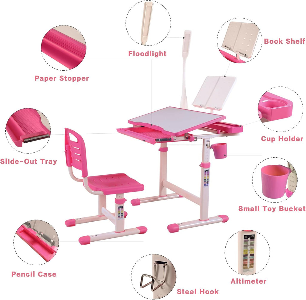 Adjustable Kids Desk and Chair Set, Ergonomic Study Desk for Children with Adjustable Height, Degree Tiltable