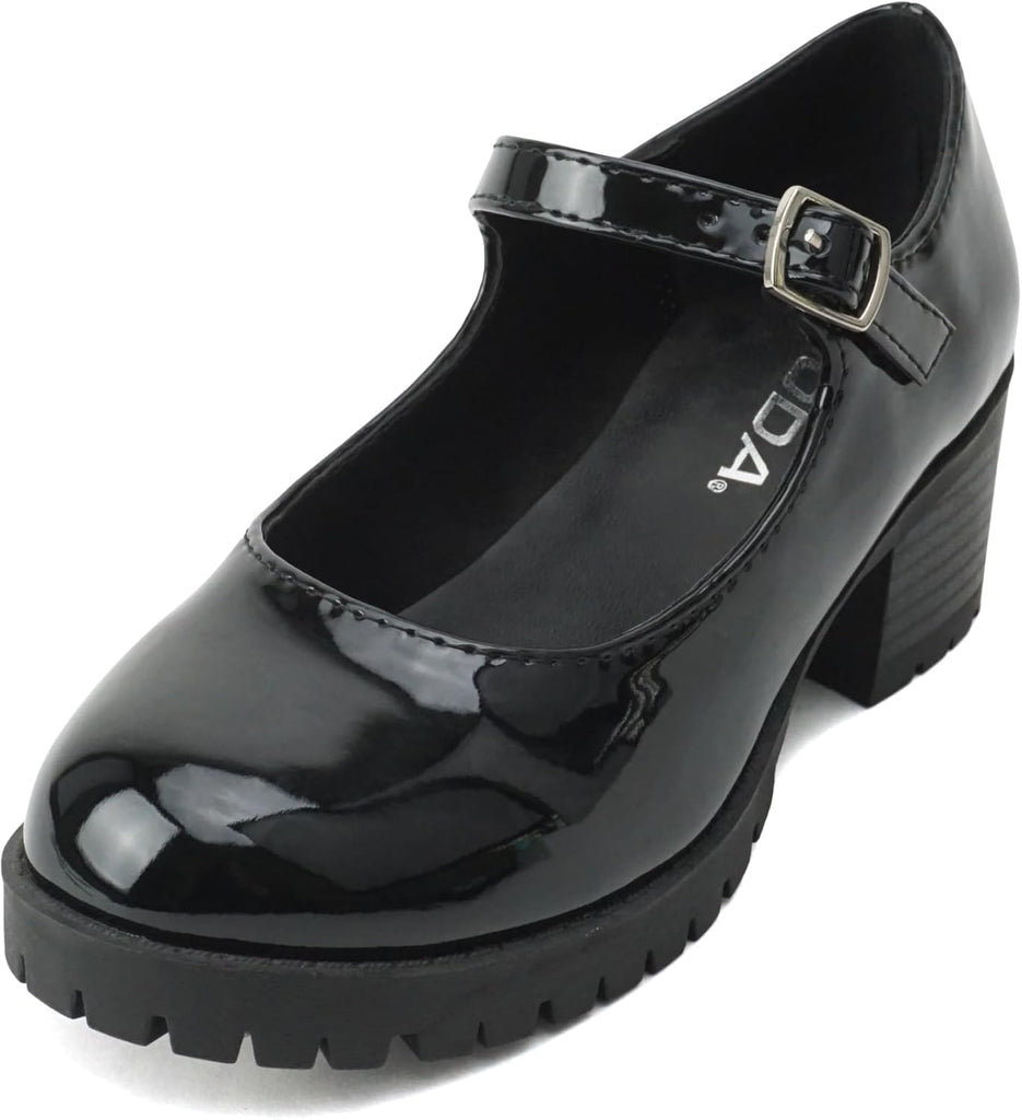 Boxer-2 Kids/Children/Girls Lug Sole Block Heel Mary Jane with Adjustable Strap