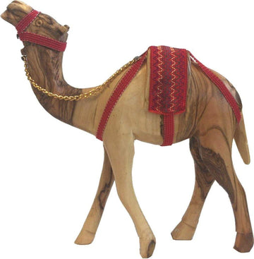 Land Market Olive Wood Nativity Camel Figurine with Red Saddle & Chain, 11 in Dia, 8 in High