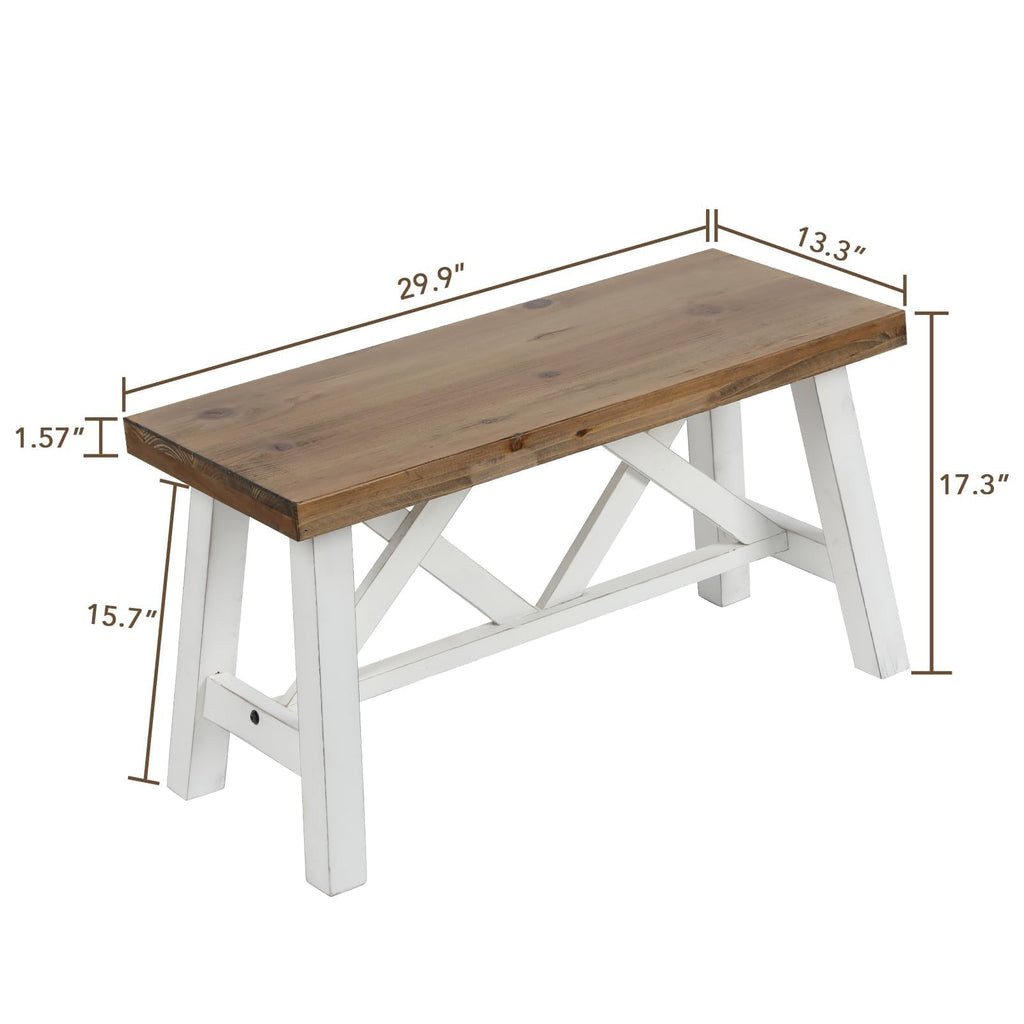 30" Farmhouse Solid Wood Bench, Rustic Entryway Bench, White