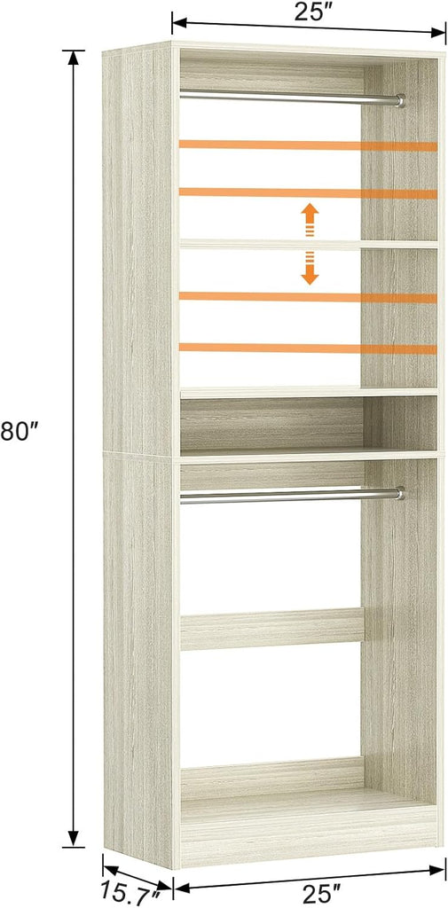 25" Closet System, Freestanding Closets Organizer Wardrobe with Hanging Rods and Shelves, Adjustable Clothes Garment