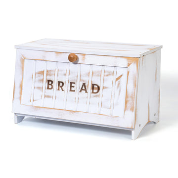 Bamboo Countertop, White Vintage Wooden Counter Breadbox, Single Layer Rustic Wood Large Capacity Bread Storage