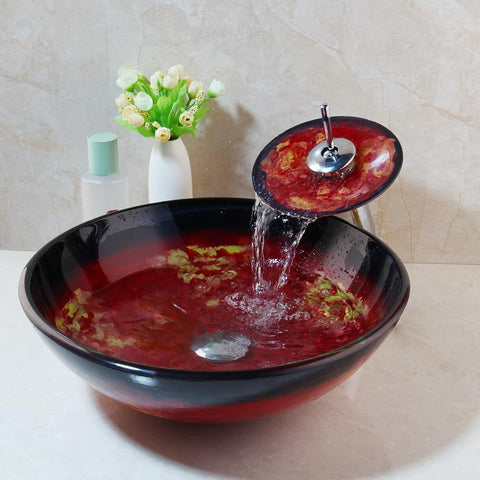 Red Glass Vessel Sink with Faucet and Drain Combo 16 Inch Tempered Glass Bathroom Sink Above Counter