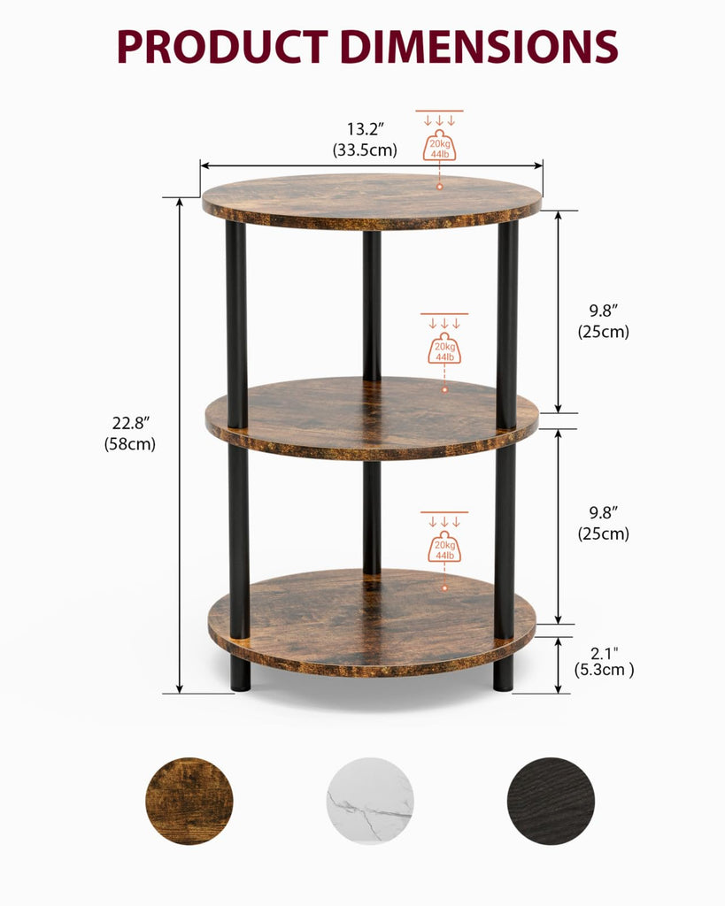 Small Round End Table - 3 Tier Design Accent Table, Narrow Side or Bedside Stand, Industrial Vintage Nightstand, or
