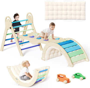 Triangle Set with Cushion, Montessori Climbing Set, Indoor Climb Toys, Indoor Playground Jungle Gyms, 9 Combinations