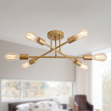 Gold Modern Sputnik Chandelier Ceiling Light Fixtures, 6-Lights Industrial Metal Semi Flush Mount Ceiling Light Dining