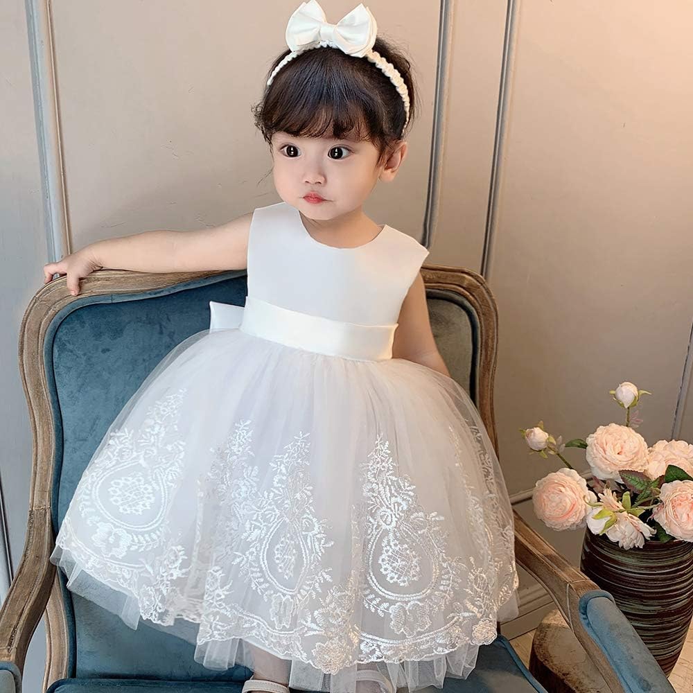 0-6 Years Toddler Baby Girls Pageant Lace Embroidery Dresses Formal Dress with Headwear