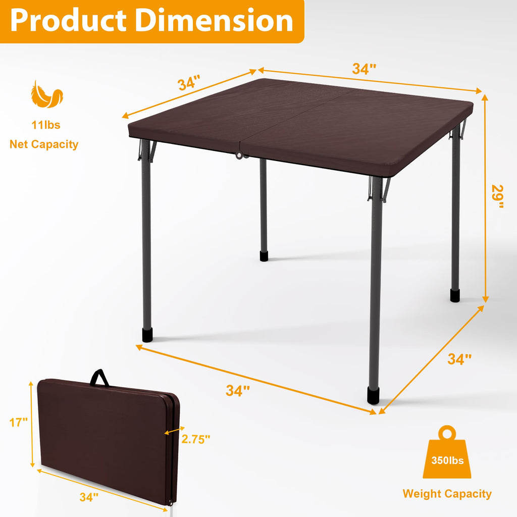 34" Folding Card Table, Portable Square Folding Table with Collapsible Legs & Carrying Handle, Plastic Tables for