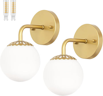 Modern Gold Wall Sconces Set of Two, Mid Century Wall Mounted Lamp, Brass Sconce with White Globe Glass, LED Wall