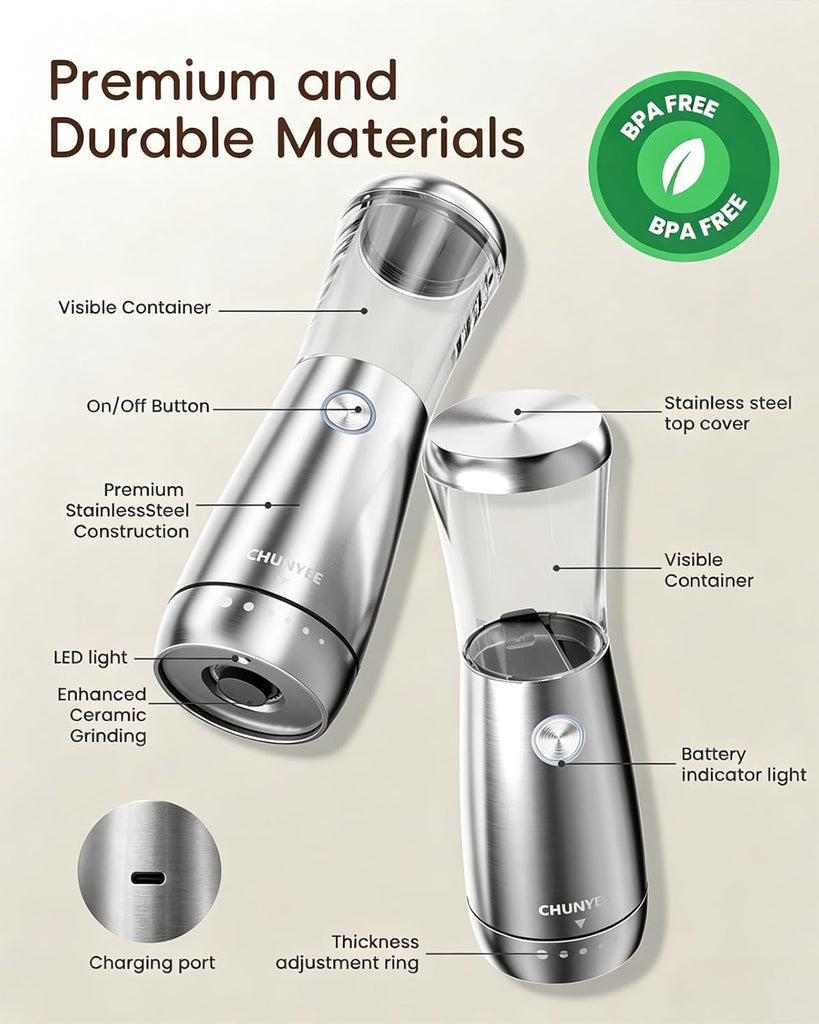 Electric Salt and Pepper Grinder Set - Automatic Stainless Steel Rechargeable Salt and Pepper Grinder Set - Set of 2