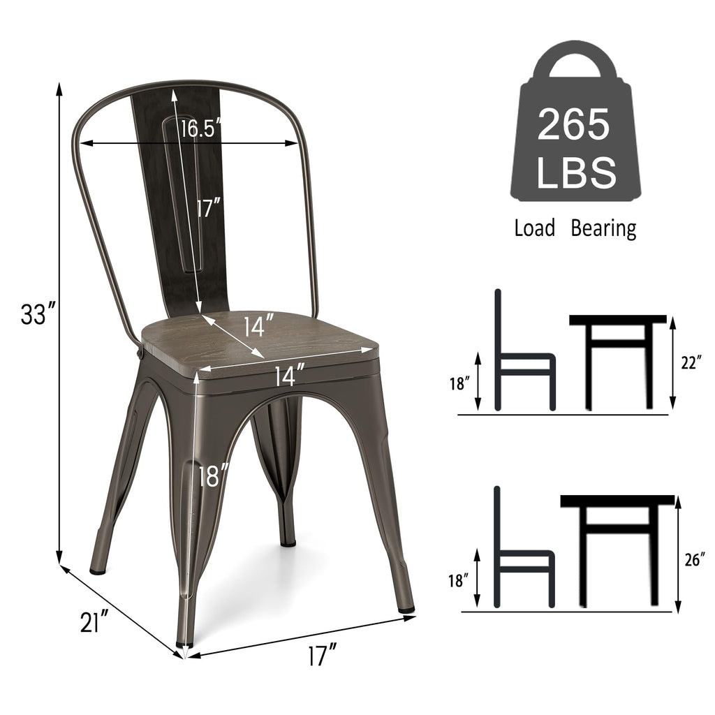 Industrial Style Dining Chair Set of 4, 18" Stackable Metal Chairs Set with High Backrest, Wood Seat & Non-Slip Foot