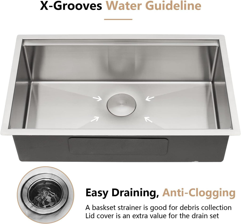 33 Inch Undermount Kitchen Sink, Single Bowl Workstation 16 Gauge 304 Stainless Steel Sink, Handmade Under Counter