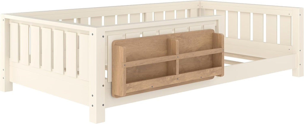 Twin Size Floor Bed with high Rails and with Built-in Bookshelf for Kids, Girls, Boys, Wood Montessori Floor Bed