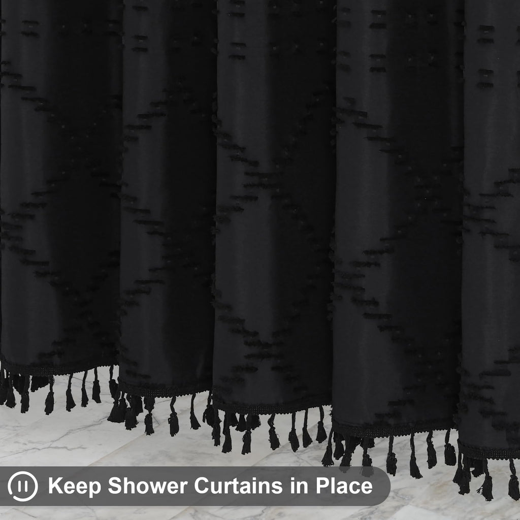 Black Boho Woven Fabric Shower Curtain with Tassel 72x72, Tufted Textured