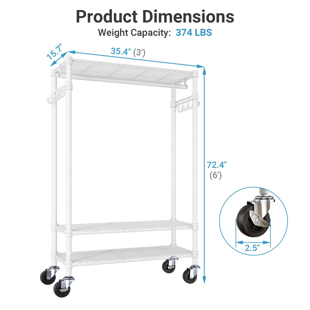 R3 Rolling Clothing Rack Portable Garment Rack for Hanging Clothes