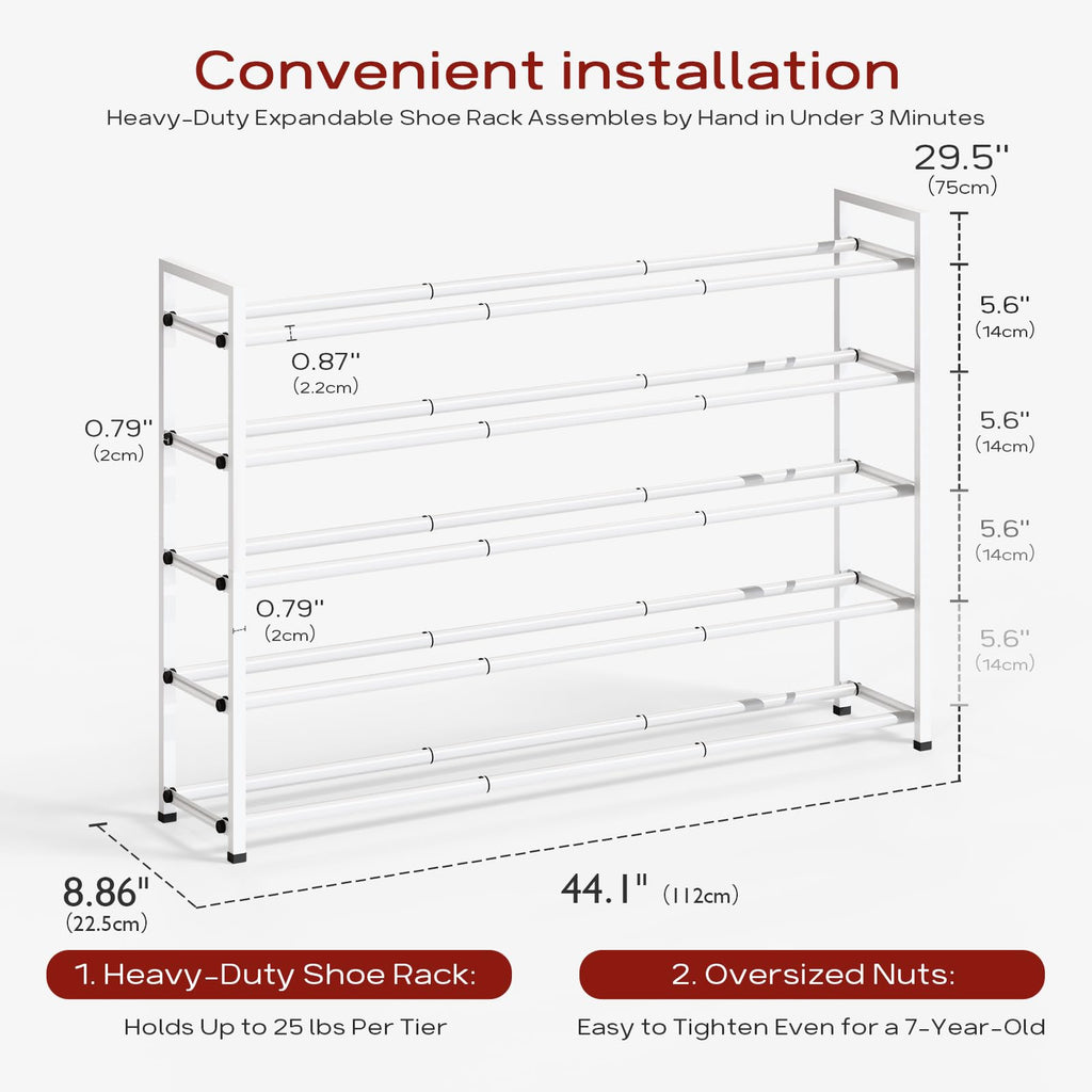 5 Tier Long Expandable Shoe Rack for Closet, White