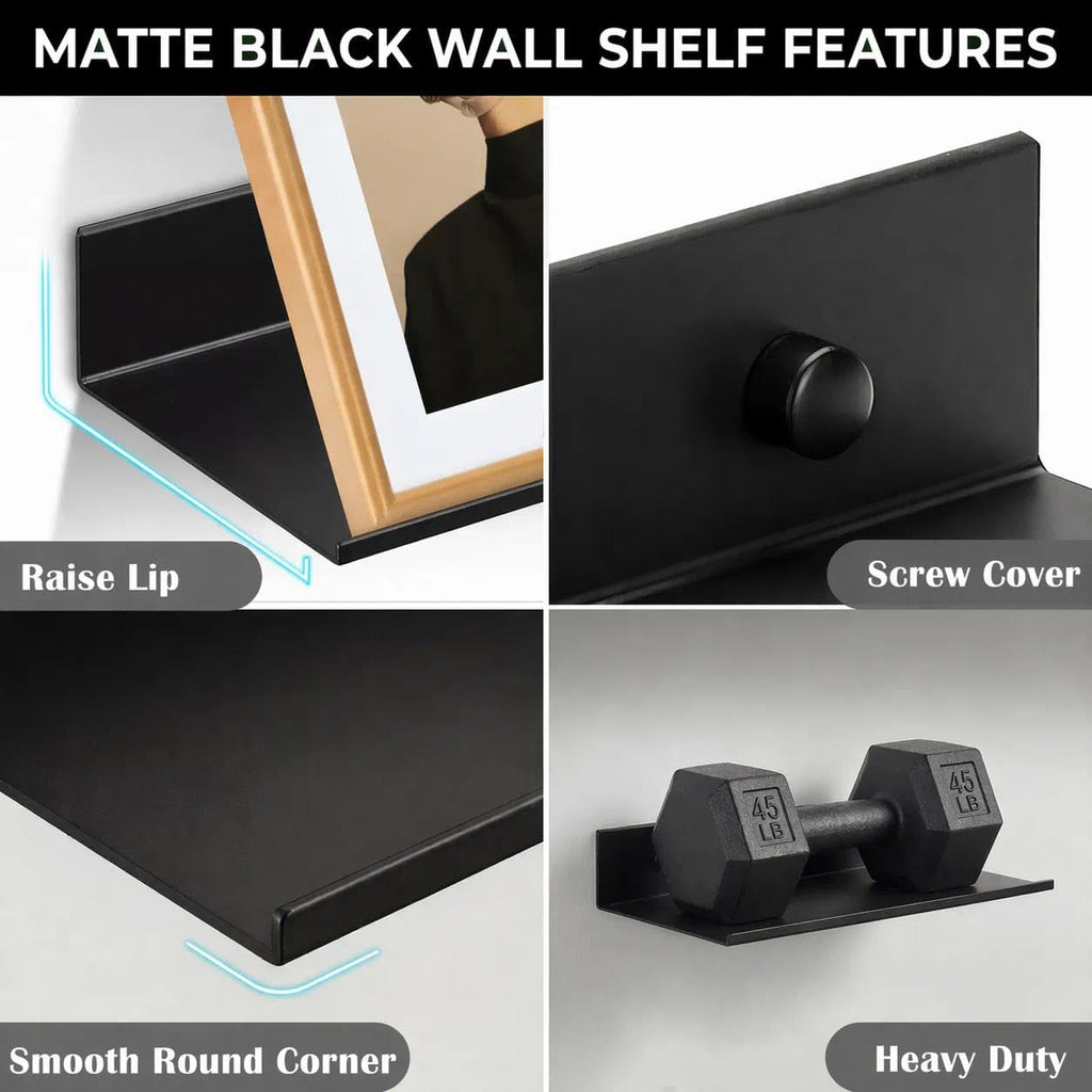 Bathroom Shelf, Small Floating Wall Shelves, Decorative Ledge Shelf, Aluminum, Wall Mounted, Matt Black, 24/20/16