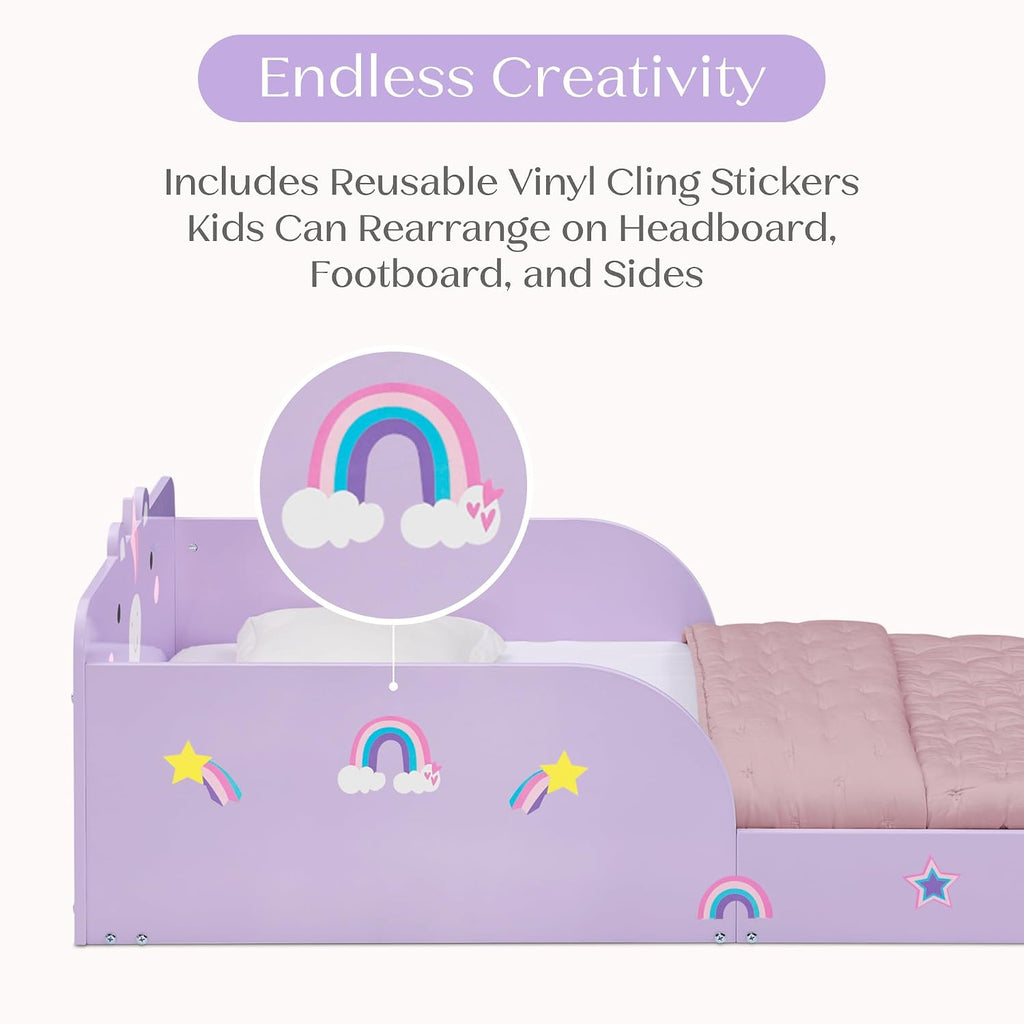 Unicorn Wood Floor Toddler Bed with Reusable Stickers, Purple