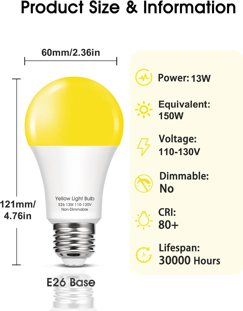 A19 Yellow LED Bug Light Bulbs Outside, 150W Equivalent 13W, E26 Base