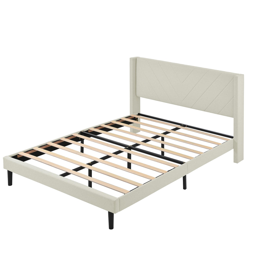 Upholstered Platform Bed Frame, Queen, White, Faux Leather, Button Tufted Headboard with Nailhead Trim, No Box Spring