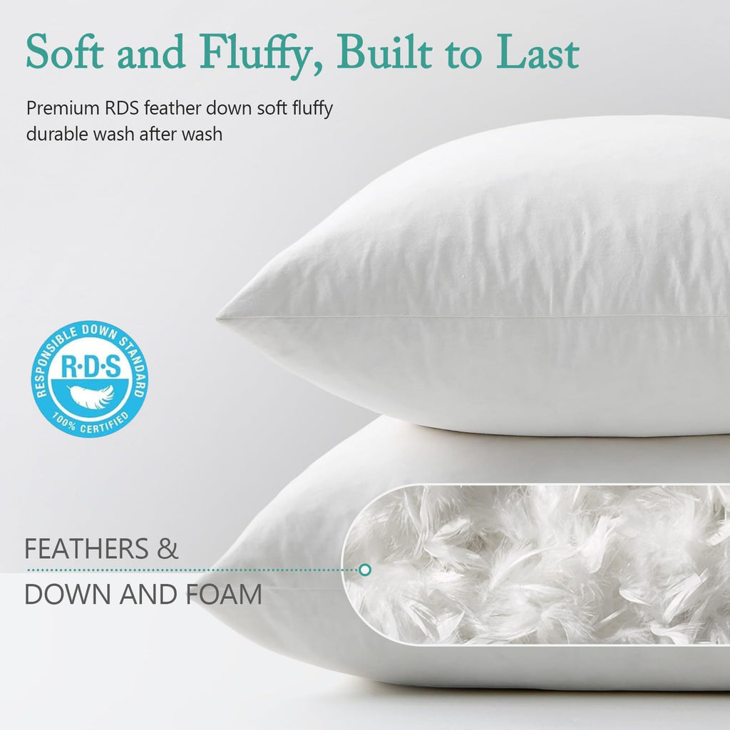 Luxury Feather Down 12x20 Pillow Inserts Set of 2, Soft Fluffy Throw Pillows, 100% Organic Cotton Cover, Lumbar
