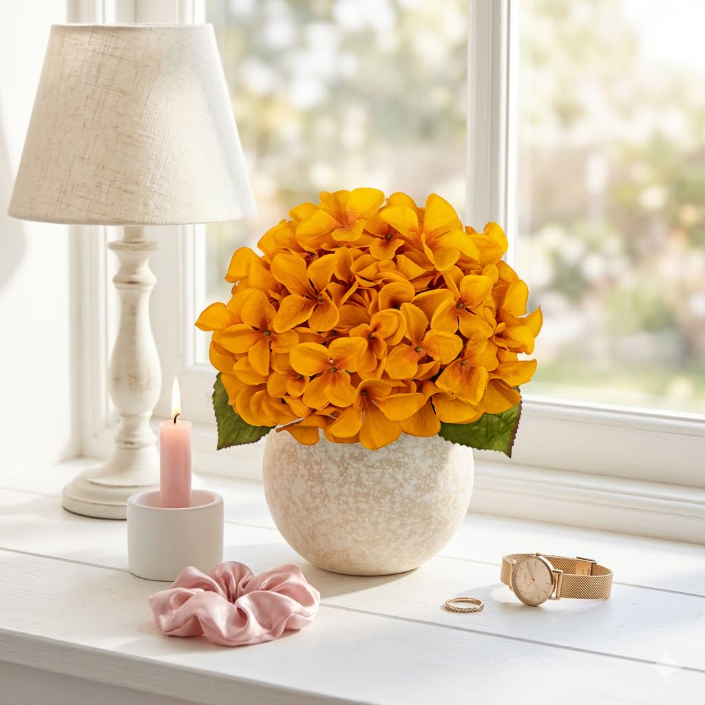 Yellow Artificial with Glass Vase Silk Fake Hydrangeas Faux Arrangements Floral Bulk Bouquet for Wedding Party Boho
