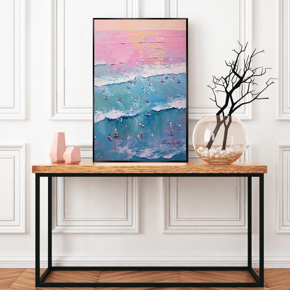 Trendy Summer Wall Art Blue Beach Poster Pink Sky Canvas Preppy Ocean Surf Print Beachy Painting Coastal Picture