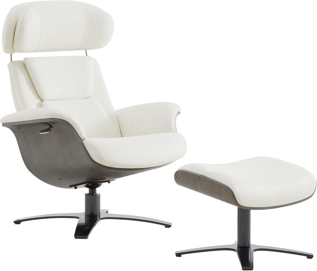 Modern Reclining Swivel Lounge Chair and Ottoman — White Genuine Leather