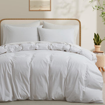 100% Washed Cotton Duvet Cover, White Linen Like Breathable Natural Bedding Set (No Comforter), 90x90 Inches