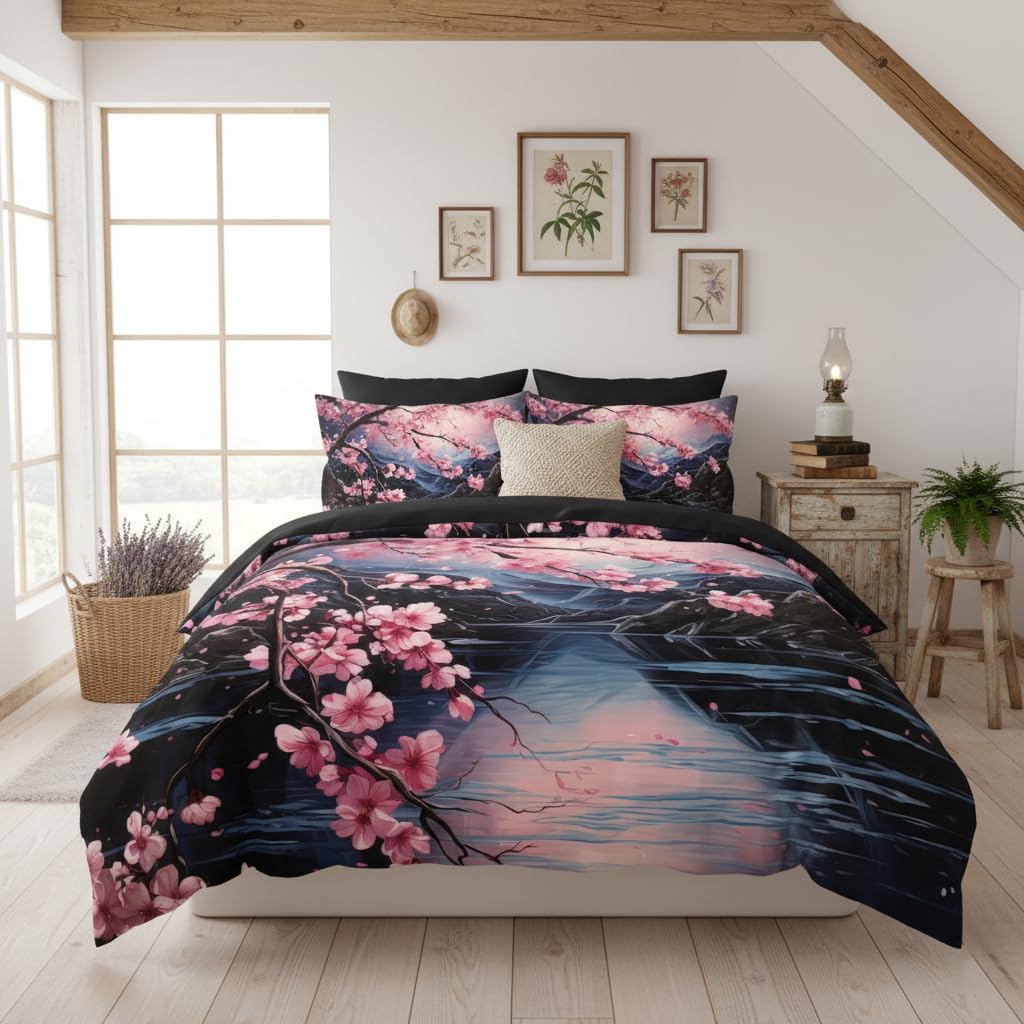 Cherry Blossoms Bedding Set Queen Size, Black Pink Japanese Comforter Set for Girls, 3Pcs Soft Microfiber Quilted Set