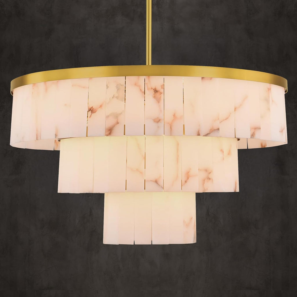 Round Alabaster Chandelier, 3 Tiers Natural Marble Chandelier D34 Gold Chandeliers for Dining Room, Modern Brass High Ceiling Chandeliers for Living Room, Foyer, Entryway, Staircase(Include 15 Bulbs) A125-B0F6LXT411