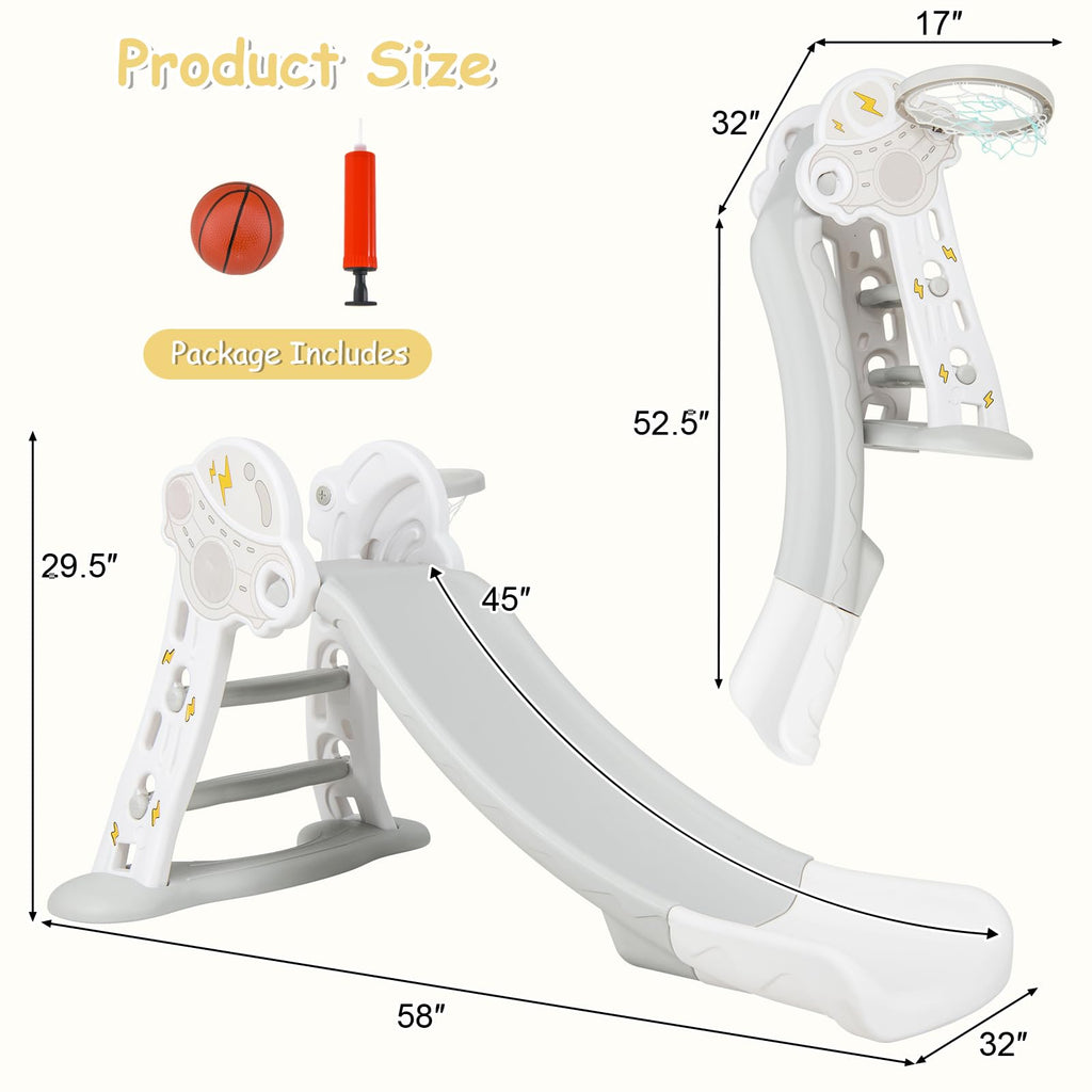 Toddler Slide, 4 in 1 Indoor Kids Slide Wave Slideway Max Load 330lb for Age 18+ Months with Basketball Hoop Ball