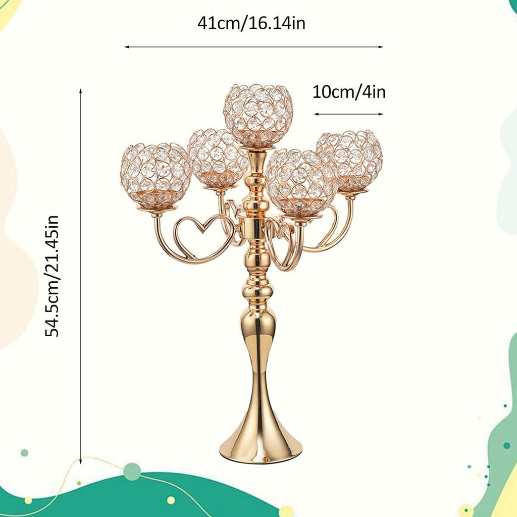 12 Sets Gold 5 Arms Candelabra Centerpiece,Metal Crystal Candlestick Holders Chandelier Crystal Beaded Candle Holder