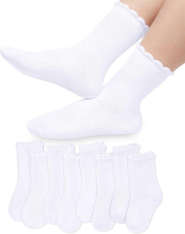 8 Pairs White Ruffle Socks for Girls, Cotton Frilly Kids Socks