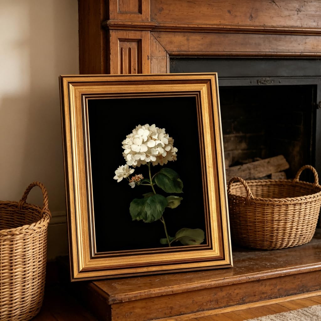 Gold Framed Moody Flower Canvas Wall Art White Hydrangea Living Kitchen painting Decor Pictures Bedroom Vintage Plant