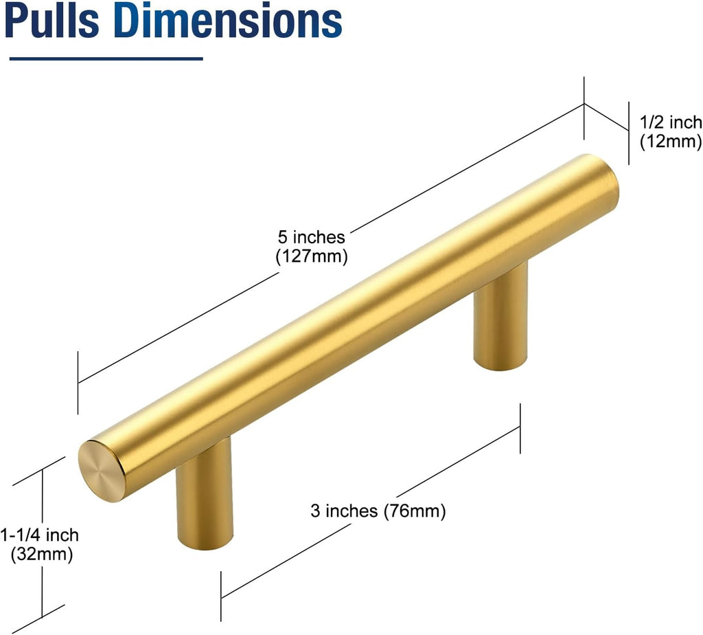 30 Pack 5 Inch Cabinet Pulls Kitchen Cabinet Handles with 3 Inch Hole Center Brushed Brass Cabinet Hardware Stainless