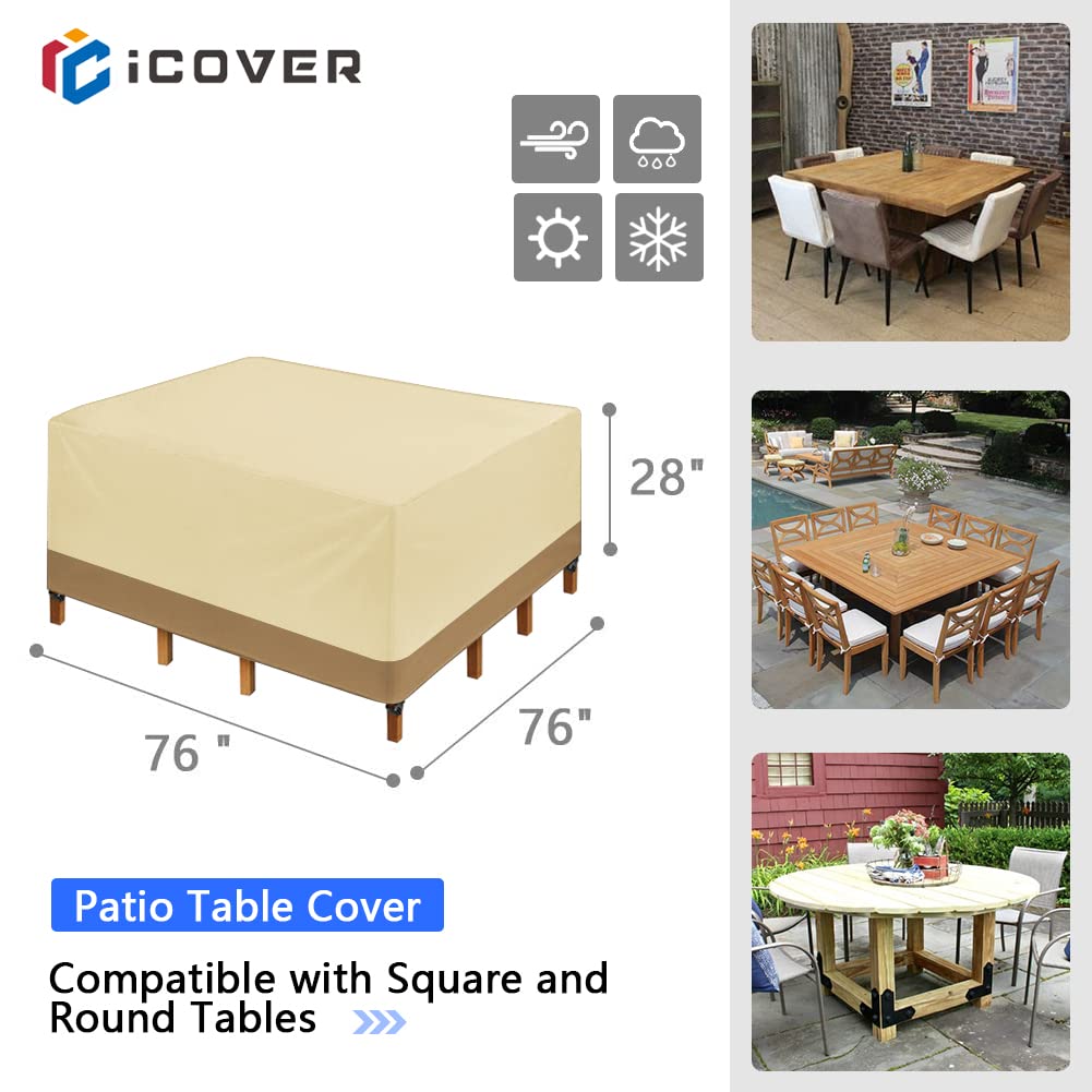 ICOVER Patio Furniture Cover, 76"x76" Square/Round Balcony Tables Covers, Easy On/Off, Waterproof Dustproof